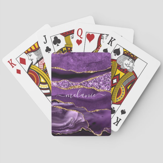 Agate Purple Violet Gold Glitter Geode Custom Name Playing Cards (Back)