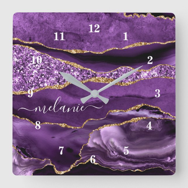 Agate Purple Violet Gold Glitter Geode Custom Name Square Wall Clock (Front)