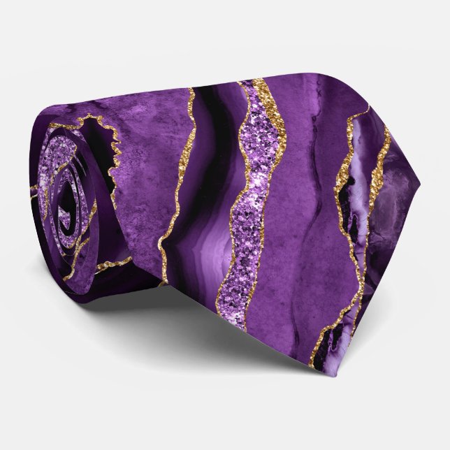 Agate Purple Violet Gold Glitter Geode Neck Tie (Rolled)