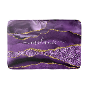 Agate Purple Violet Gold Glitter Geode Your Name Bath Mat