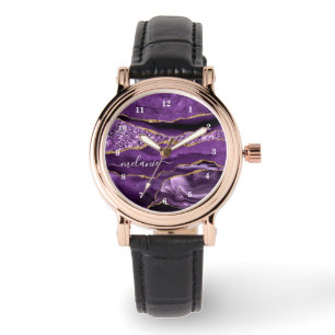 Agate Purple Violet Gold Glitter Geode Your Name Watch