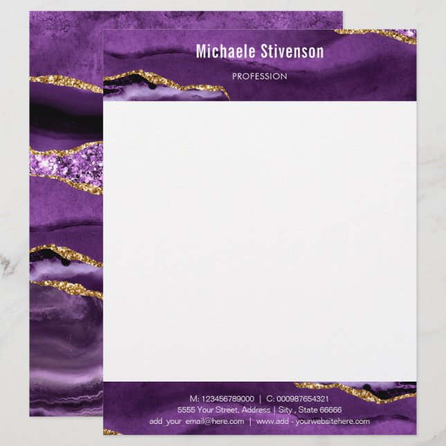 Agate Purple Violet Gold Glitter Luxury Letterhead (Front/Back)