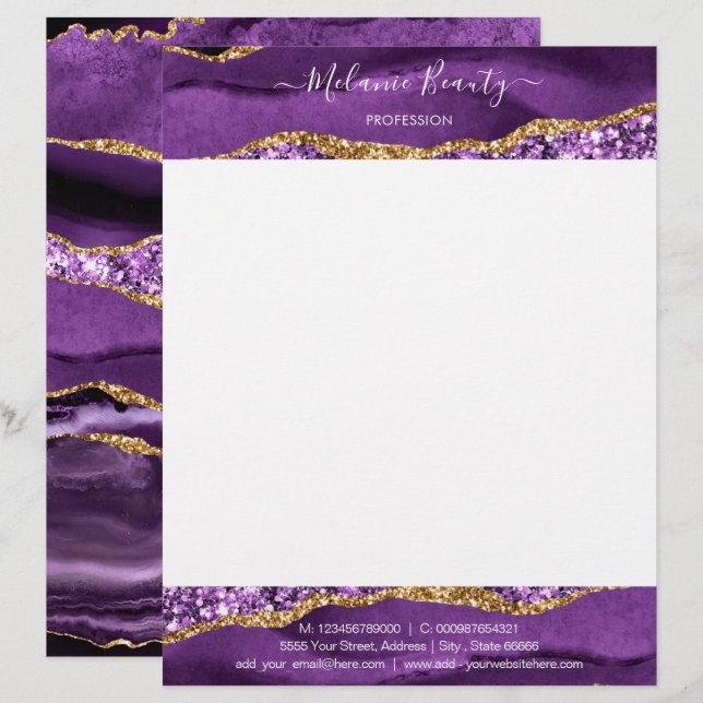 Agate Purple Violet Gold Glitter Luxury Letterhead (Front/Back)