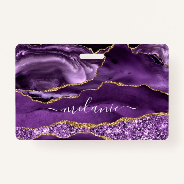 Agate Purple Violet Gold Glitter Your Name Badge ID Badge (Front)