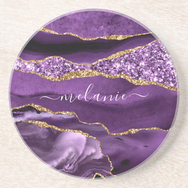 Agate Purple Violet Gold Glitter Your Name Coaster (Front)