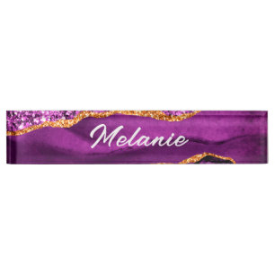 Agate Purple Violet Gold Sparkle Desk Name Plate