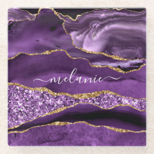 Agate Purple Violet Gold Your Name Glass Coaster