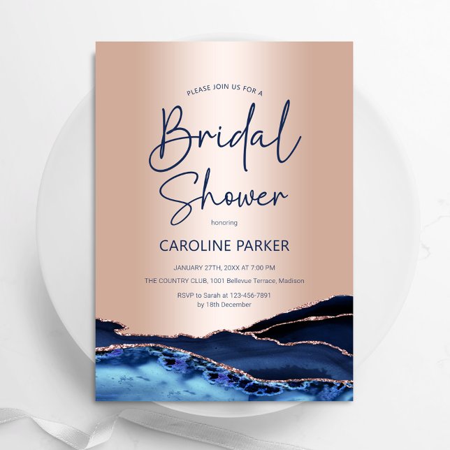 Agate Rose Gold Navy Blue Bridal Shower Invitation (Creator Uploaded)