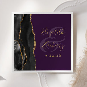 Agate Script Black Gold Deep Purple Wedding Napkin
