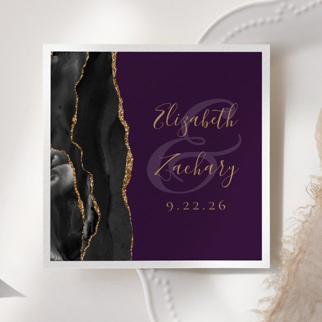 Agate Script Black Gold Deep Purple Wedding Napkin (Creator Uploaded)