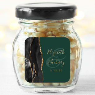 Agate Script Black Gold Emerald Green Wedding Square Sticker