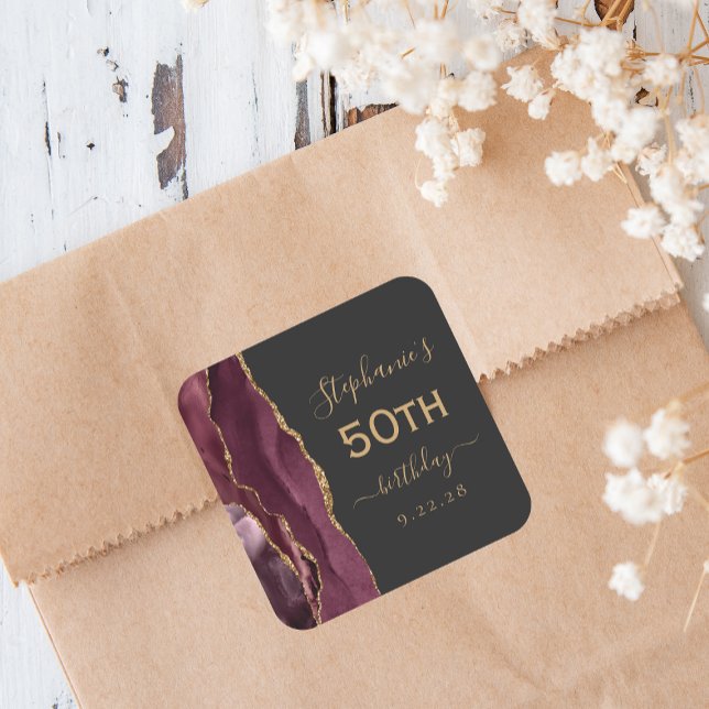 Agate Script Burgundy Gold Dark 50th Birthday Square Sticker (Creator Uploaded)
