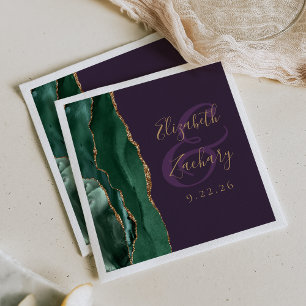 Agate Script Emerald Green Gold Purple Wedding Napkin