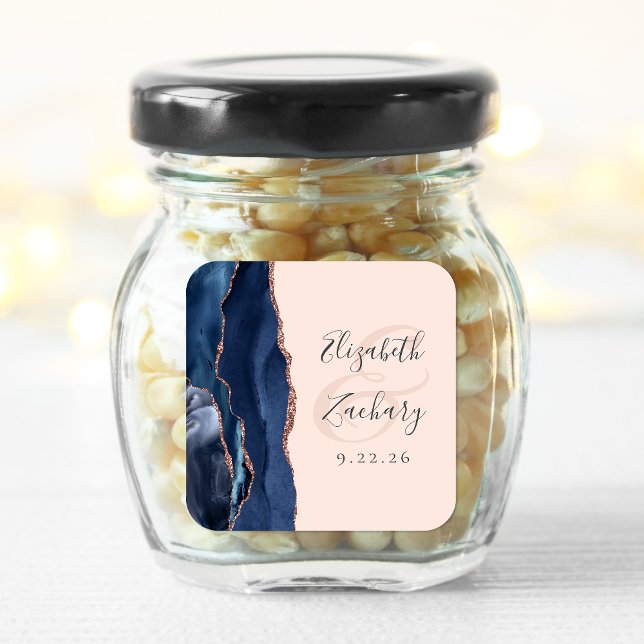 Agate Script Navy Blue Rose Gold Blush Wedding Square Sticker (Creator Uploaded)