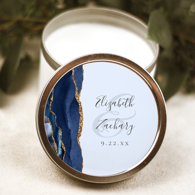 Agate Script Navy Pale Blue Gold Wedding Classic Round Sticker (Creator Uploaded)