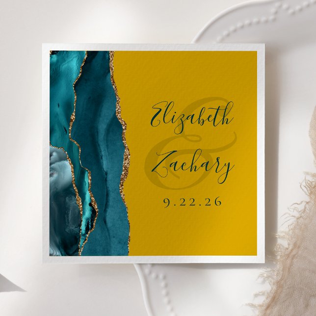 Agate Script Teal Gold Mustard Yellow Wedding Napkin (Creator Uploaded)