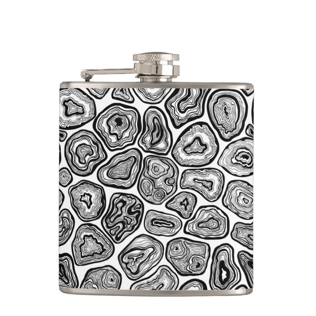 Agate slices in black and white hip flask (Front)
