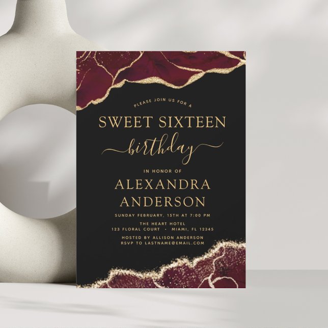 Agate Sweet 16 Birthday Burgundy Gold Invitation (Creator Uploaded)
