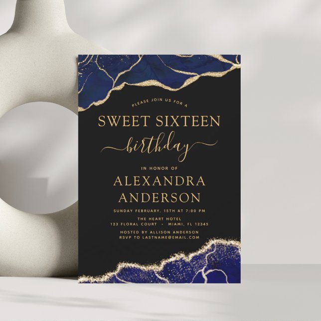 Agate Sweet Sixteen 16 Navy Blue Gold Invitation (Creator Uploaded)