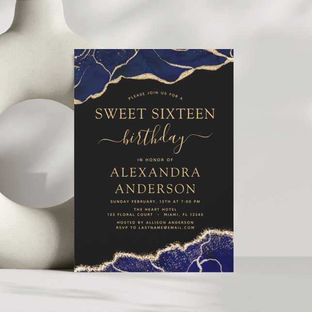 Agate Sweet Sixteen 16 Navy Blue Gold Invitation (Creator Uploaded)
