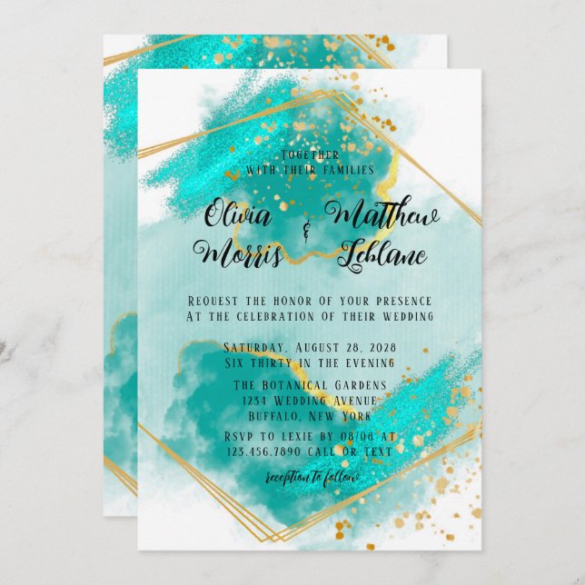 Agate Teal and Gold Geometric Glitter Wedding Invi Invitation (Front/Back)