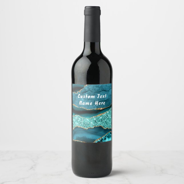 Agate Teal Blue Gold Aqua Turquoise Custom Text Wine Label (Front)