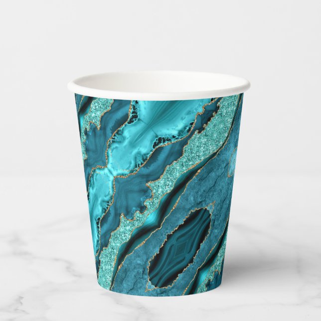 Agate Teal Blue Gold Aqua Turquoise Paper Cups (Front)