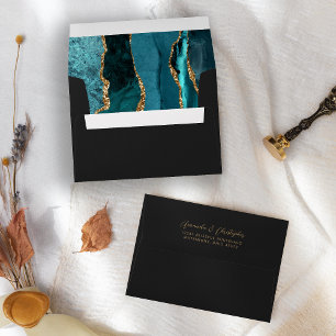 Agate Teal Blue Gold Dark Script Wedding Envelope