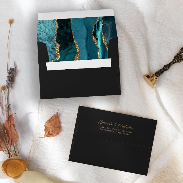 Agate Teal Blue Gold Dark Script Wedding Envelope (Creator Uploaded)