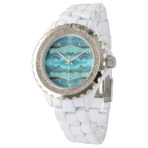 Agate Teal Blue Gold Glitter Aqua Turquoise Watch