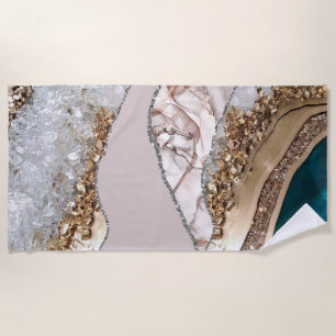 Agate Teal Blue Gold Glitter Marble Aqua Turquoise Beach Towel