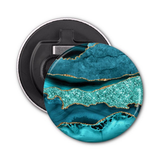 Agate Teal Blue Gold Glitter Marble Aqua Turquoise Bottle Opener (Front)