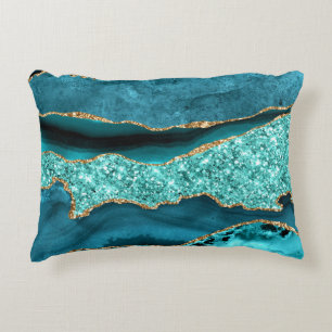 Agate Teal Blue Gold Glitter Marble Aqua Turquoise Decorative Cushion