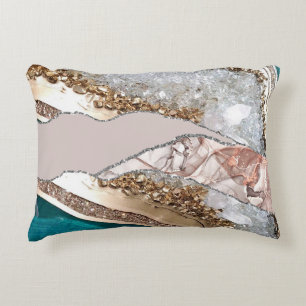 Agate Teal Blue Gold Glitter Marble Aqua Turquoise Decorative Cushion