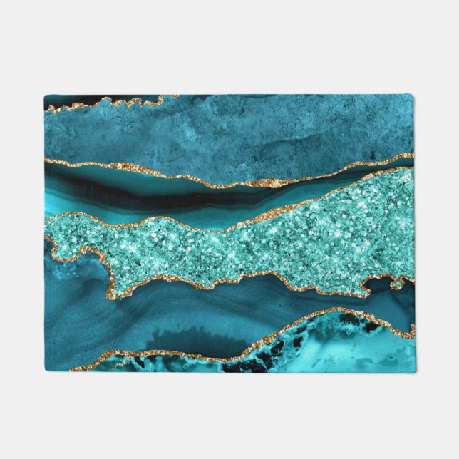 Agate Teal Blue Gold Glitter Marble Aqua Turquoise Doormat (Front)