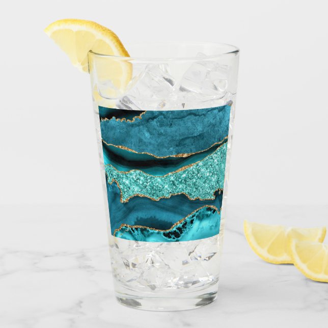 Agate Teal Blue Gold Glitter Marble Aqua Turquoise Glass (Front Ice)