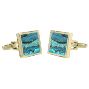Agate Teal Blue Gold Glitter Marble Aqua Turquoise Gold Finish Cufflinks
