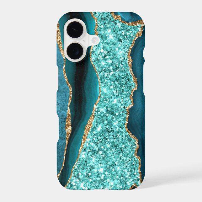 Agate Teal Blue Gold Glitter Marble Aqua Turquoise iPhone Case (Back)