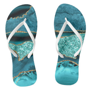 Agate Teal Blue Gold Glitter Marble Aqua Turquoise Jandals