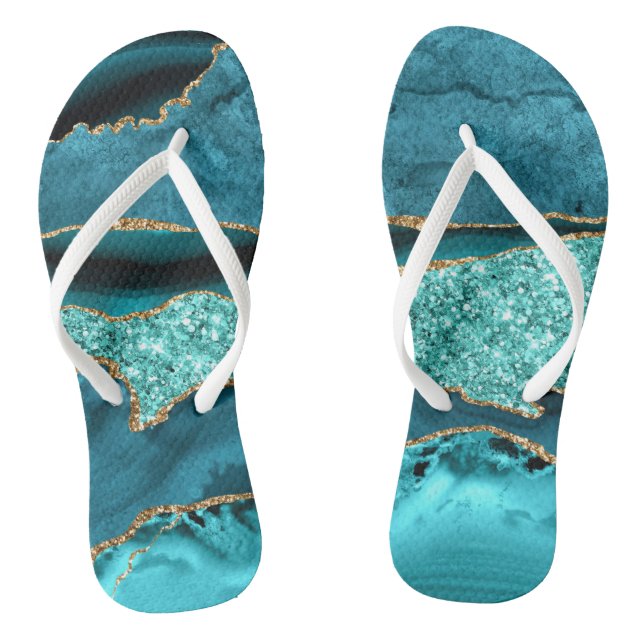 Agate Teal Blue Gold Glitter Marble Aqua Turquoise Jandals (Footbed)