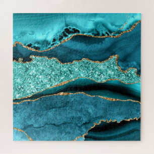 Agate Teal Blue Gold Glitter Marble Aqua Turquoise Jigsaw Puzzle