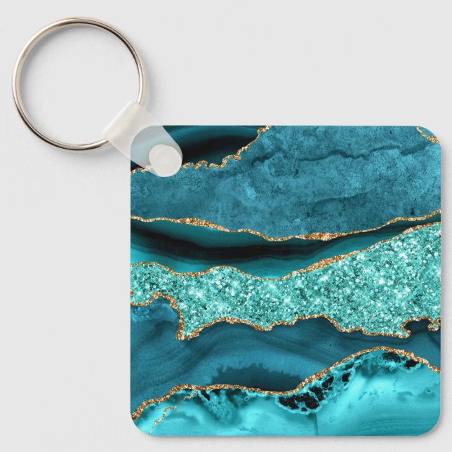 Agate Teal Blue Gold Glitter Marble Aqua Turquoise Key Ring (Front)