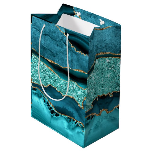 Agate Teal Blue Gold Glitter Marble Aqua Turquoise Medium Gift Bag (Back Angled)
