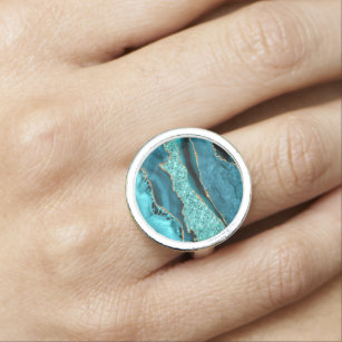 Agate Teal Blue Gold Glitter Marble Aqua Turquoise Ring