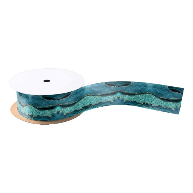 Agate Teal Blue Gold Glitter Marble Aqua Turquoise Satin Ribbon (Spool)