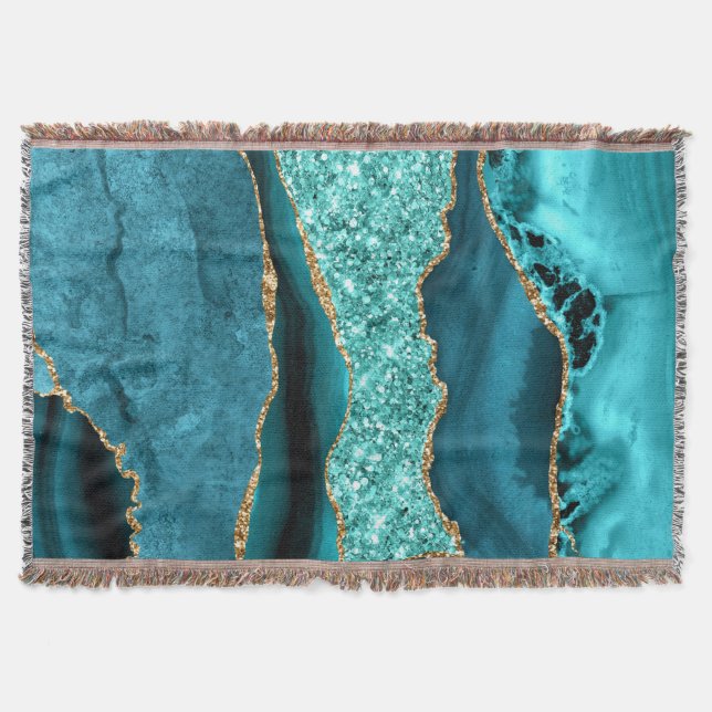 Agate Teal Blue Gold Glitter Marble Aqua Turquoise Throw Blanket (Front)