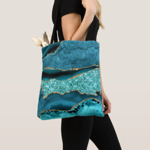 Agate Teal Blue Gold Glitter Marble Aqua Turquoise Tote Bag