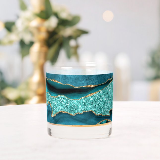Agate Teal Blue Gold Glitter Marble Aqua Turquoise Whiskey Glass (Insitu (Wedding))