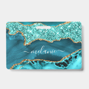 Agate Teal Blue Gold Glitter Marble Custom Name ID Badge