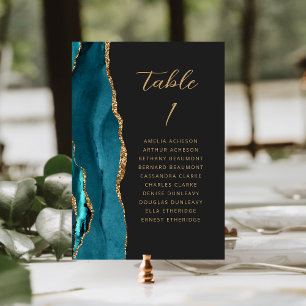 Agate Teal Blue Gold Modern Script Dark Wedding Table Number